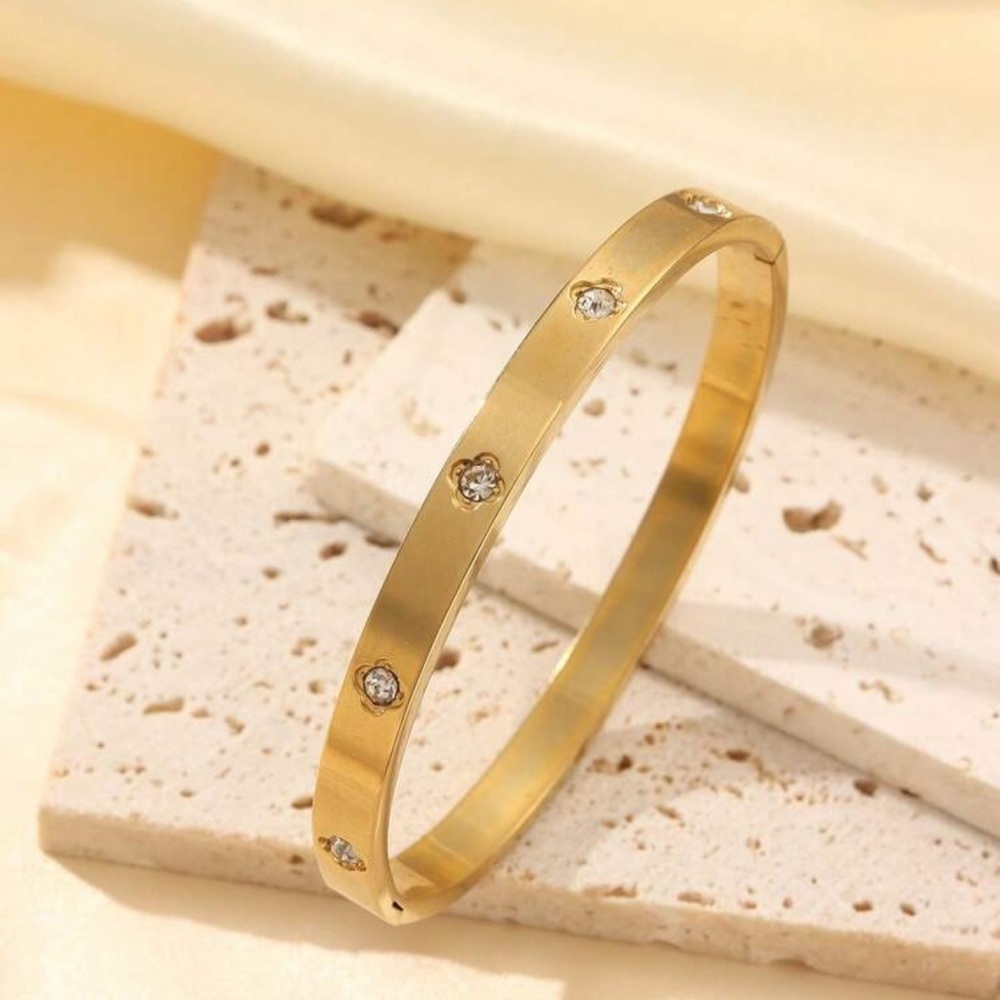 Gold Plated Stainless Steel CZ Bangle Bracelet Minimalist Stackable